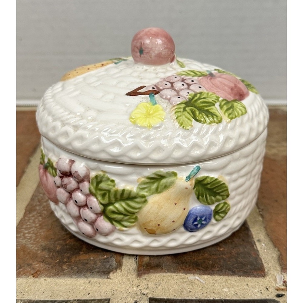 Vintage 80s Fruit Canister Jar Lid Basketweave Sculpted Hand Painted Japan